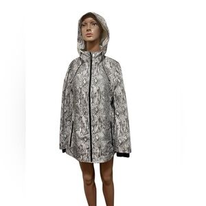 LONDON FOG HOODED JACKET PYTHON PRINT WOMENS WATERPROOF GREY/WHITE SZ SMALL **